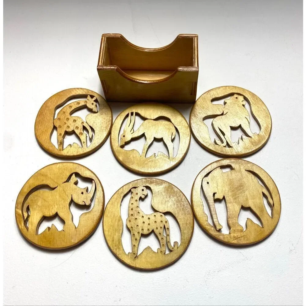 Hand-Carved Wooden Safari Animal Coaster Set with Holder – 6 Piece Jungle Decor